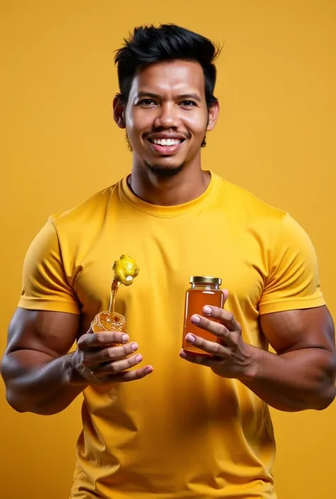 an Indonesian man carrying a bottle of honey, like a honey advertisement, is promoting, he has a strong and sturdy body, looks like a healthy man