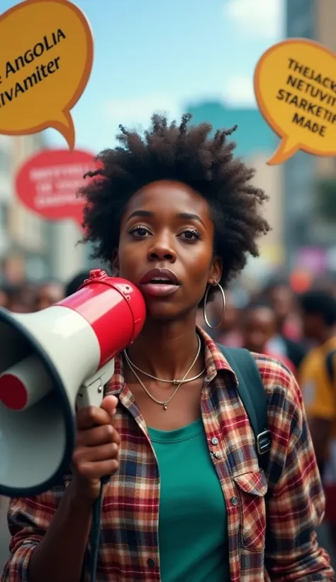 Image of a real Angolan person holding a megaphone,  with messages about social networks, marketing, and strategy in speech bubbles .