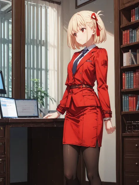 A moe-inspired anime-style illustration of a beautiful, Cute anime-style illustration of a beautiful,solo,chisato nishikigi, short hair, bangs, blonde hair, red eyes, hair ribbon, one side up, bob cut,red suits,red tight skirt,office,black pantyhose,red he...