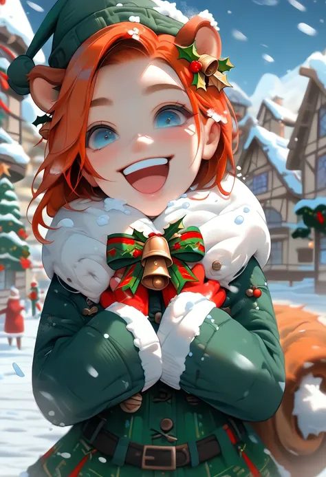 score_9, score_8_up, score_7_up, score_6_up, score_5_up, score_4_up, (((squirrel))), green Christmas dress, bells, cute, (feral:1.2), (red fur), blue eyes, (happy, expressive:1.5), (incoming hug, reaching towards viewer, perspective, depth of field, arms s...