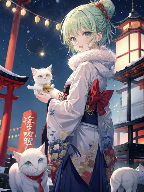 (( top quality )), ((masterpiece)), ( Details), Japanese bell tower ,Visit to a shrine, gorgeous Japanese blue kimono,Long sleeves,scarf with fur, show your teeth and laugh,Short Hair,Left and right buns, green hair, blue eyes,Winter outdoors,new moon,Nigh...