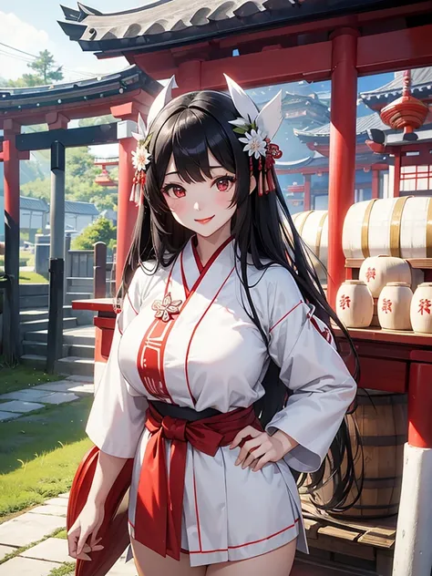 Japanese Mythology、Inari、goddess、 white shrine maiden costume arranged in a miniskirt、 long black hair 、 white skin、 red lips、shrine、 big breasts,shrineの境内、Smiling at the dedicated rice bales and sake barrels