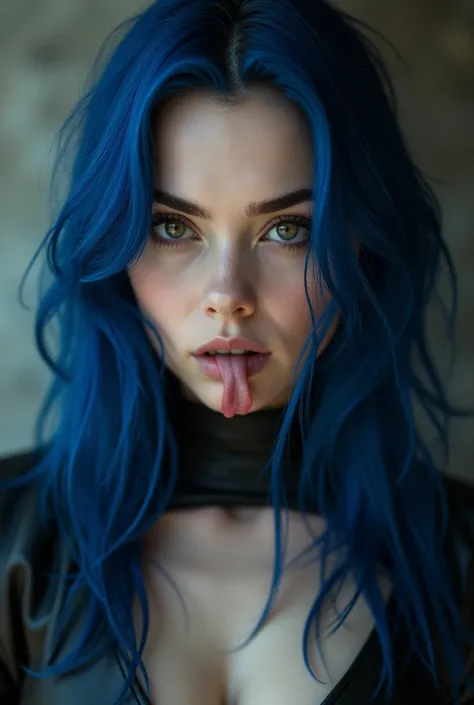 Image of a 22-year-old girl with long dark royal blue hair and BLACK eyes ,  wearing leather wrestling suit  (above all, high throat).   tongue . with pale white skin . Serious face and intimacy