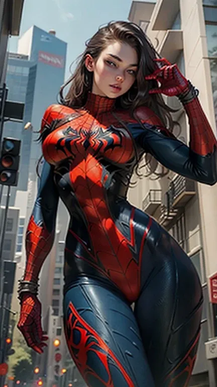 Beautiful woman with defined and detailed body wearing a Spiderman cosplay,   huge breasts 