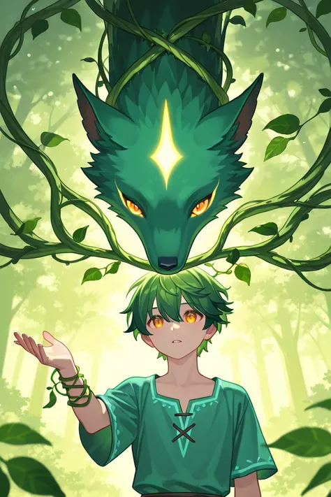  Creates an image of A male spirit of Nature called Kaelan In a clearing illuminated by the moonlight. It is high,  with long wavy moss green hair with golden tufts .  He has warm amber eyes that shine in the gloom and soft skin with marks that look like b...