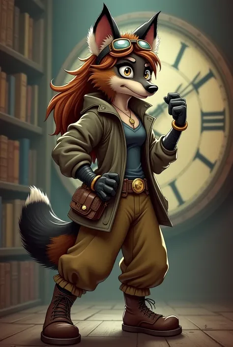 Imagine a cartoon female hyena anthro in time traveler clothes, fingerless gloves, pocketwatch, oversized baggy pants, goggles, black, brown, tan thick long shoulder length brown hair fur with grey muzzle, ears tipped in black.  Bushy tail, yellow eyes, bo...