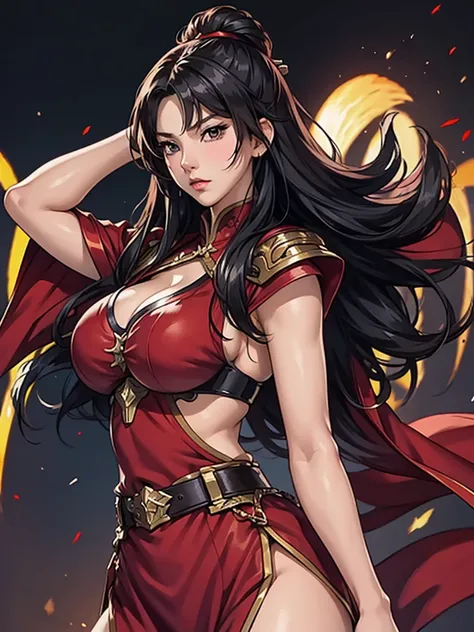  Koei Three Kingdoms Style, 1 woman,  sexy expression ,  huge boobs ,  wide hips ,  thick thighs, , slender waist ,  looks at the front,  long black hair ,  black hair , Straight bangs, Cut the bangs,  dark eyed,  Chinese qRed General Armor, Red Armor ,  V...