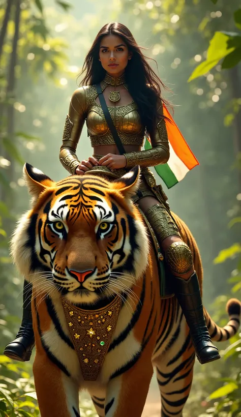 A radiant female soldier rides a massive Bengal tiger prowling through a dense, sunlit jungle. The tiger’s golden armor features intricate engravings and proudly displays the Indian flag on its flank. The soldier grips ceremonial reins with traditional Ind...