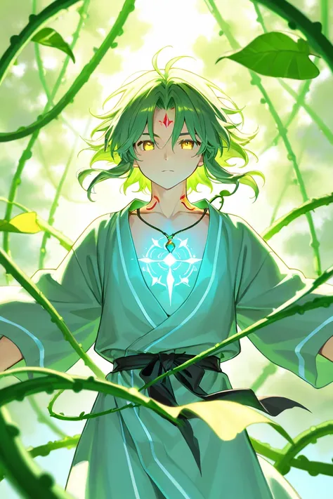 Creates an image of A male nature spirit that appears to be 25 years old (but is immortal). hair: long, wavy moss-green with golden strands that shine in the sunlight. eyes: of a deep tone, with a warm and supernatural glow. fur: soft and slightly luminous...