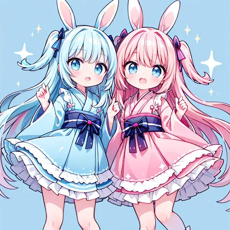  high res,  top quality , masterpiece, accurate,  Ultra Fine,  twin sisters , pink eye, Blue Eye,  eyes sparkle,  gradation colored eyes,  long eyelashes, Double teeth, Pink and Blue,  pink blue hair ,  very long hair ,  ,  side up,  rabbit ears, Kimono, s...