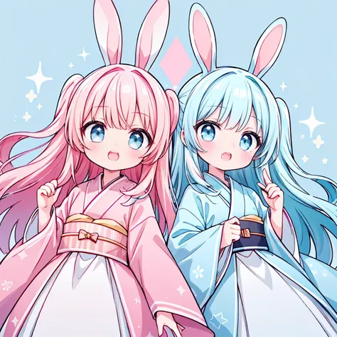  high res,  top quality , masterpiece, accurate,  Ultra Fine,  twin sisters , pink eye, Blue Eye,  eyes sparkle,  gradation colored eyes,  long eyelashes, Double teeth, Pink and Blue,  pink blue hair ,  very long hair ,  ,  side up,  rabbit ears, Kimono, s...