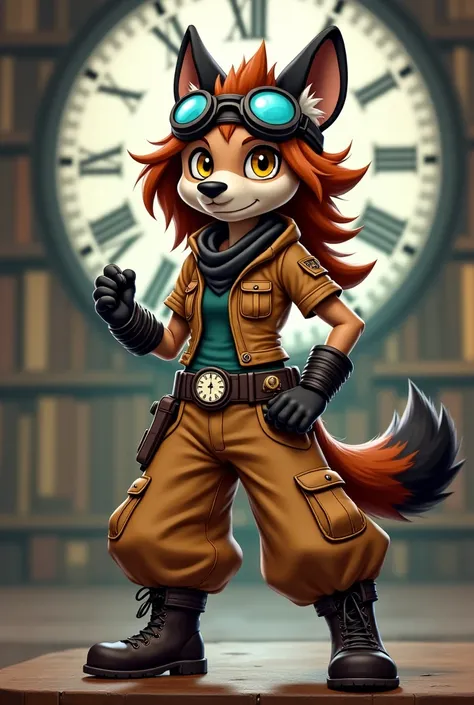 Imagine a cartoon female hyena anthro in time traveler clothes, fingerless gloves, pocketwatch, oversized baggy pants, goggles, black, brown, tan thick long shoulder length brown hair fur with grey muzzle, ears tipped in black.  Bushy tail, yellow eyes, bo...