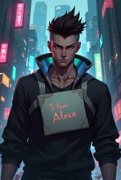 David de Cyberpunk,  holding a letter in the middle of his chest that reads (I LOVE ALEXA ),  Full body  