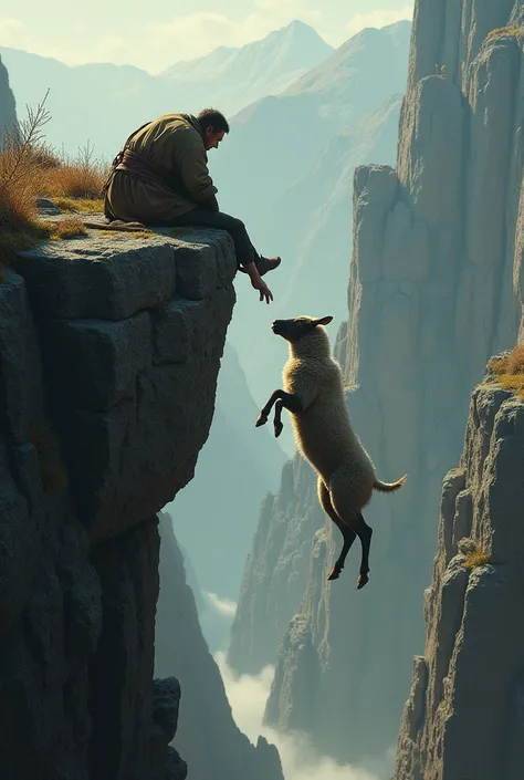 Sheep about to fall down a ravine and just a shepherd grabs it by one leg lying on the precipice of the ravine and holds it 