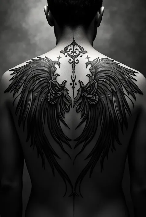 Gothic and dark ornaments forming gothic wings for black tattoo on the back of the neck with the word azrael 