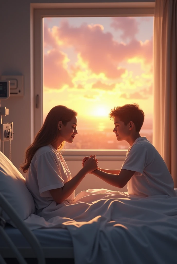 Image of a female hand holding the hand of a hospitalized young boy. In a room with a view of the sunset 