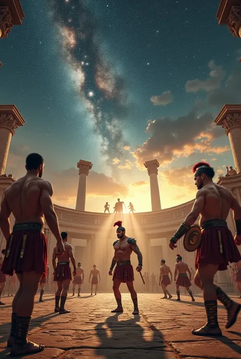 Roman gladiator training area, celestial sky, well-lit image