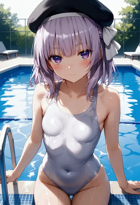 score_9,score_8_up,score_7_up,source_anime,high res image,shiny hair,1girl,solo,looking at viewer,Sakayanagi Arisu,beret,black headwear,medium hair,light purple hair,braid,hair bow,white bow,hair ribbon,white ribbon,sidelocks,blunt bangs,purple eyes,r,coll...