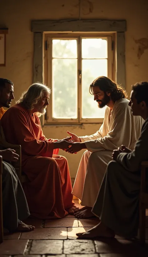 inside a modest house , com paredes simple e uma janela iluminada pela luz suave da tarde,  Jesus sits with a group of people .  He holds the hands of an elderly woman ,  who cries silently ,  while a young man with eyes of hopelessness looks directly at J...