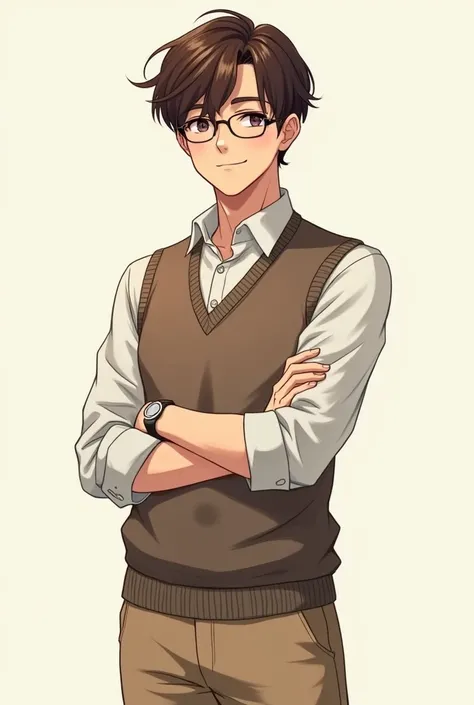 Create an image of a well-groomed nerd with well-designed eyeglasses in anime format