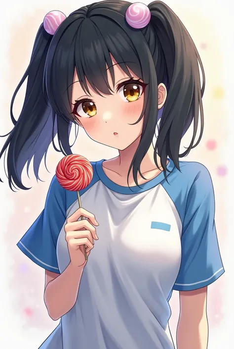 Half body photo of an anime woman with black hair in a bundle of two carrying a candy and wearing a golden brown eye color idol color, the color of the idols shirt used white with a combination of blue or ash ash