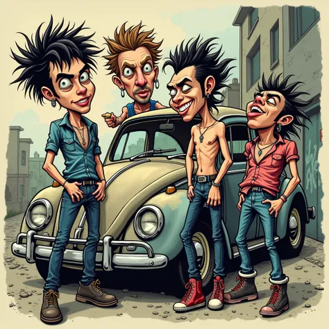 4 drunken punks with a jerky Volkswagen beetle in the background, caricature, Roast, David Cherkasskys drawing style,  CD cover