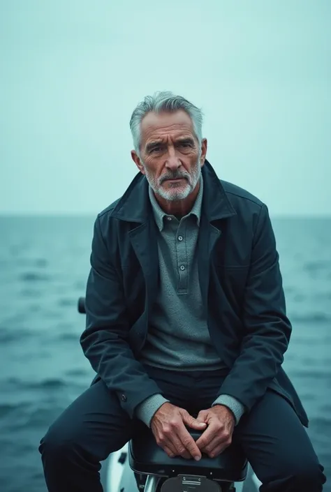  Photo of a 50-year-old man with a handsome 60kg body weight in a simple dress on top of a motorbooth in the middle of the sea,Real and aesthetic looking 