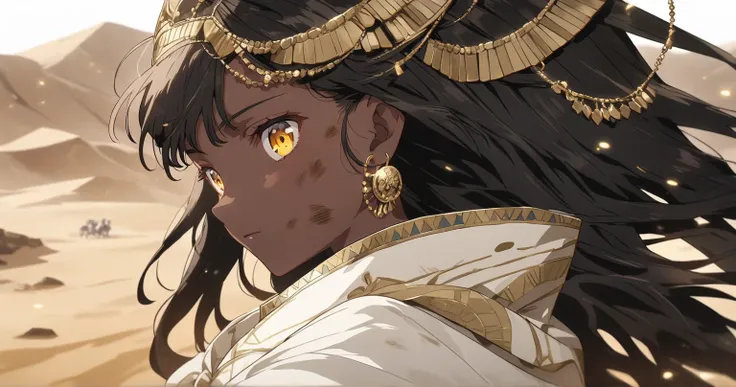 desert pharaoh　Black Bob　Brown Skin Girl　 one eye is hidden　A tattered and dirty white cloak　anime,  yellow eyes, from side, Alone,