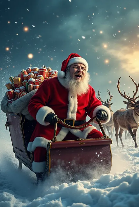 Dressed as Santa, he flies on a sleigh and laughs looking into the frame, close-up, detailed, realistic, blizzard, headwind, falling snow, snowflakes, magic lights, a large bag of gifts lies in the back of the sleigh and some of the gifts fly away, team wi...