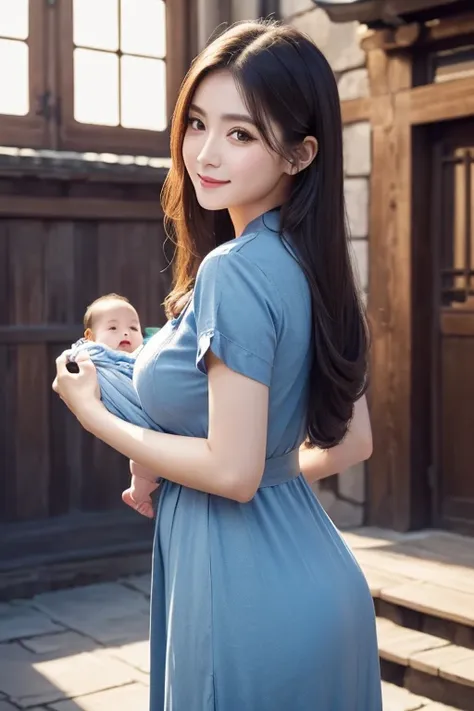 {{masterpiece,  top quality ,  very detailed CG pinching boob,  UNITY 8k Wallpaper ,  cinematic lighting }},  Traditional Chinese Ink Painting ,  1 girl, 1 Baby,  young woman holding a baby,  full body, Ancient architecture,  blue sky,  sunny day, wooden b...