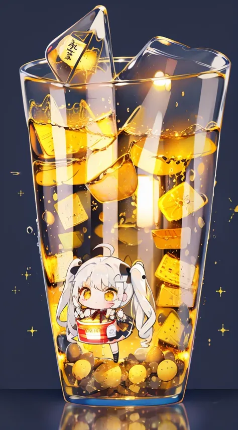 mini、Chibi、soda、In soda、cup、、 Schwarzenegger 、 form、sink、Swinging Hair、White Hair、 twin tails、  with a black ribbon、  yellow eyes、​masterpiece、 top quality 、 highest image quality taken by Ki、 cute little 