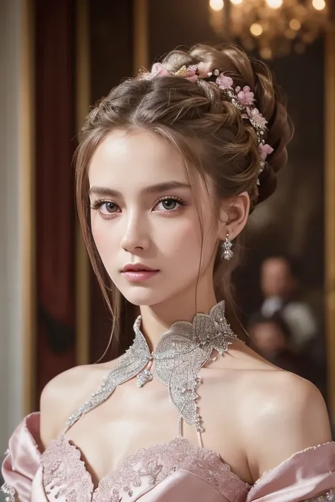 woman, Serious,  elegant ,   pink dress , Aristocratic, silver element, Long nails, Bare shoulders,  hairstyles at their best, hair up,  braids and ponytails, Messy, arrogant, absurdes, Detailed dress, Royalty, celebration,  flower-adorned hall ,  cowboy s...