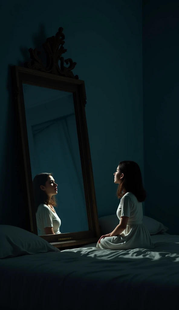 A women sitting on her bed and se saws a old mirror kept besides her bed,the mirror is of old age,dark mid night environment 