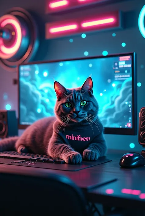  Create an image of a cat on a desk with a super ultra futuristic gaming station with written on the shirt: MINIFIVEM 