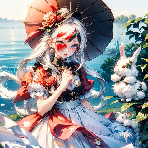 1 Female((Chibi:1.5), cute,Cute, little ,(white hair:1.4),(  very long hair :1.6),bangs,((Fluffy,white,rabbit-):1.4), red eye , Big Eye,Beautiful sparkling eyes,skin color white, big hair bow ,(white frilled dress:1.3),chest, cute rabbit pose),background(R...