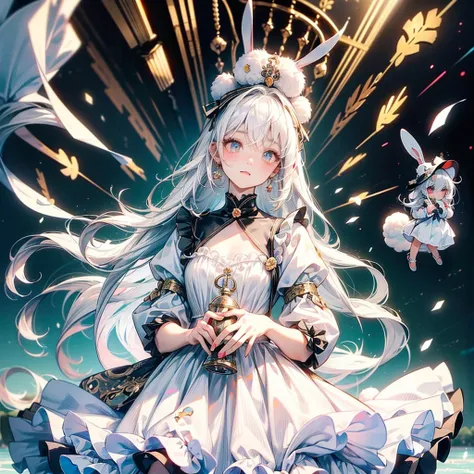 1 Female((Chibi:1.5), cute,Cute, little ,(white hair:1.4),(  very long hair :1.6),bangs,((Fluffy,white,rabbit-):1.4), red eye , Big Eye,Beautiful sparkling eyes,skin color white, big hair bow ,(white frilled dress:1.3),chest, cute rabbit pose),background(R...