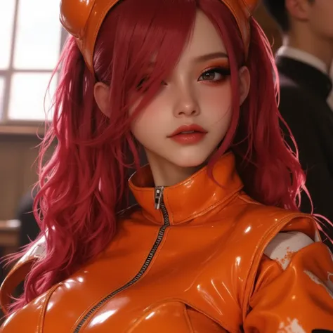 1female, ( ,orange bodysuit, skin tight, lgoves, latex, barcode , eyeshadow, red hair),  ,Dyed egirl hair, egirl makeup, photorealistic, best quality , 8k, , beautiful face, intricate, ultra detailed, nice indoors background,