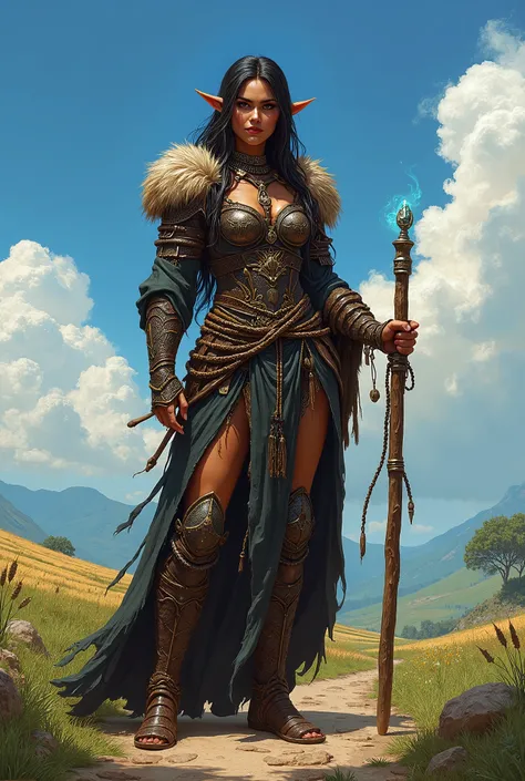 In RPG style, in style of Dungeons & Dragons, in style of fantasy painting. Full body view, looking at the viewer. Image of a beautiful Orc Shaman woman holding Wooden  staff with a small gem on top. Brown skin. She is dressed in intricately detailed dark ...