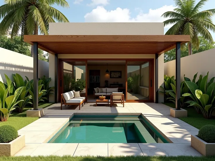 Just a pergola, wood and steel columns, pool on the front side, small and square, about 3mts long, vegetation, planters on the sides next to the end wall of the neighbor, hamaca, yucatan, back yard, backyard, interior, terrace, terraza, chukum, beige, ston...