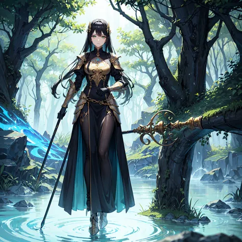 (((Masterpiece, best quality, 16k))) female character with long black hair and glowing green eyes. She wears an ethereal armor in silver, gold, and blue. wields a mystical staff with a floating crystal. The character has a serene expression, with a tranqui...