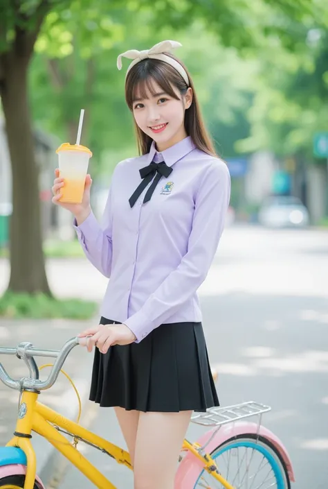 
-A photography of a young idol, Body shape, standing outdoors in a casual, urban environment, posing with a bright yellow bicycle. She is wearing a light lavender school uniform shirt with a small emblem and text on the chest, paired with a very short bla...