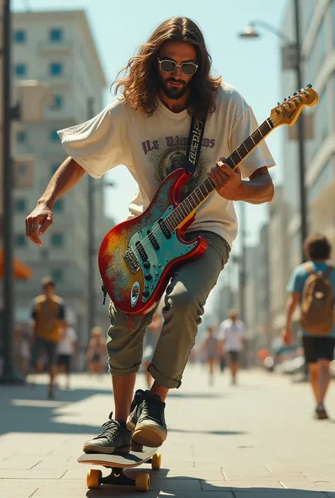 Jesus Christ riding a skateboard, doing a kick flip, playing an electric guitar, wearing sunglasses and a band T-shirt,