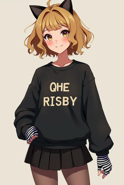  Female character with short curly hair with golden highlights,  brown eyes and a gentle smile , black sweatshirt with striped gloves ,  black skirt with cat tights 