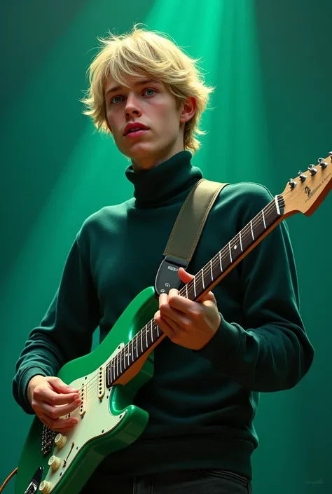  Realistic oil painting of a young man playing a green electric guitar at a rock concert.
He is against the light . Lighting in cool tones ..
He is blond . If your hair is straight .  has green eyes .
 Wear a turtleneck sweater. His style is twink. 
 Your ...