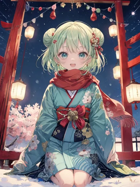 (( top quality )), ((masterpiece)), ( Details), Japanese hanging bells,Visit to a shrine, gorgeous Japanese blue kimono,Long sleeves, scarf with fur , show your teeth and laugh,Short Hair,Left and right buns, green hair, blue eyes,Winter outdoors,Night Sky...