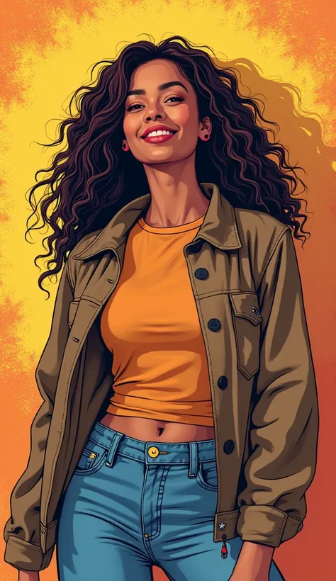 DISCREET image. with discreet casual clothes. image adult woman, american, comic book style. SHE IS HAPPY AND GRATEFUL, with a discreet smile. IMAGES WITH VIBRANT COLORS. with Colorful background