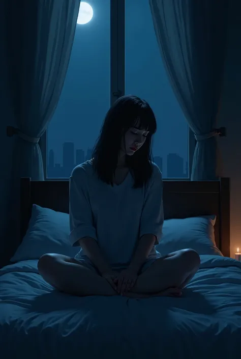 A women sitting on her bed ,dark mid night environment 