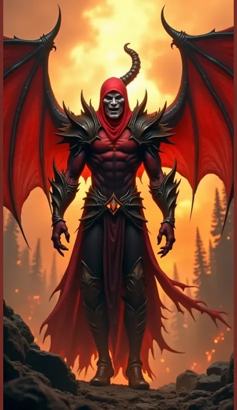  "A demonic humanoid figure with bat-like wings stands in a fiery, apocalyptic landscape. The character has a pale, menacing face with piercing eyes, adorned in red and black armor-like clothing. Its curved horns shine ominously, and its hands are clawed a...