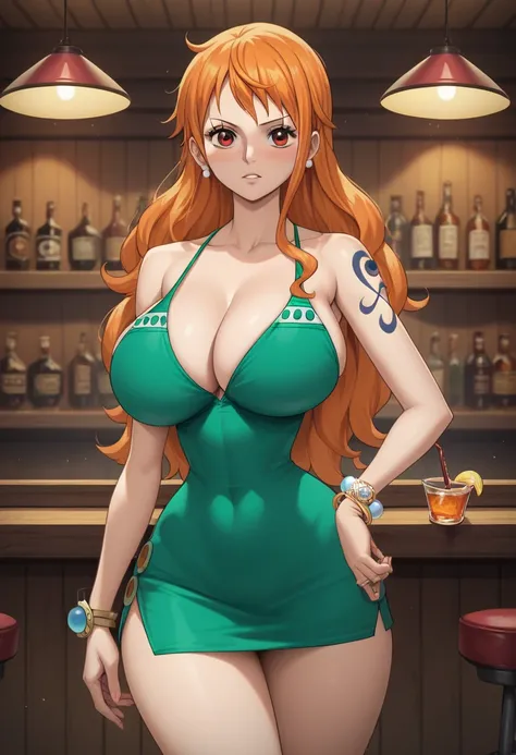 score_9, score_8_up, score_7_up, source_anime, best quality, clear face, Nami, orange hair, orange eyes, long hair, large breasts, perfect body, standing, looking at viewer, neutral, red tight exposing short dress, indoor,blushing,embrassed,big boob, view,...