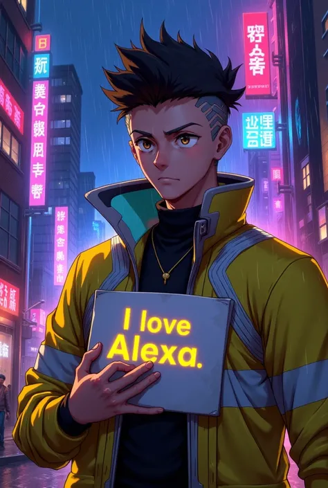  A Young Man, holding a letter in the middle of his chest that reads ( I LOVE ALEXA  ), in large letters, yellow jacket, cyberpunk city ,  anime style, Evening, rain,  neon lights